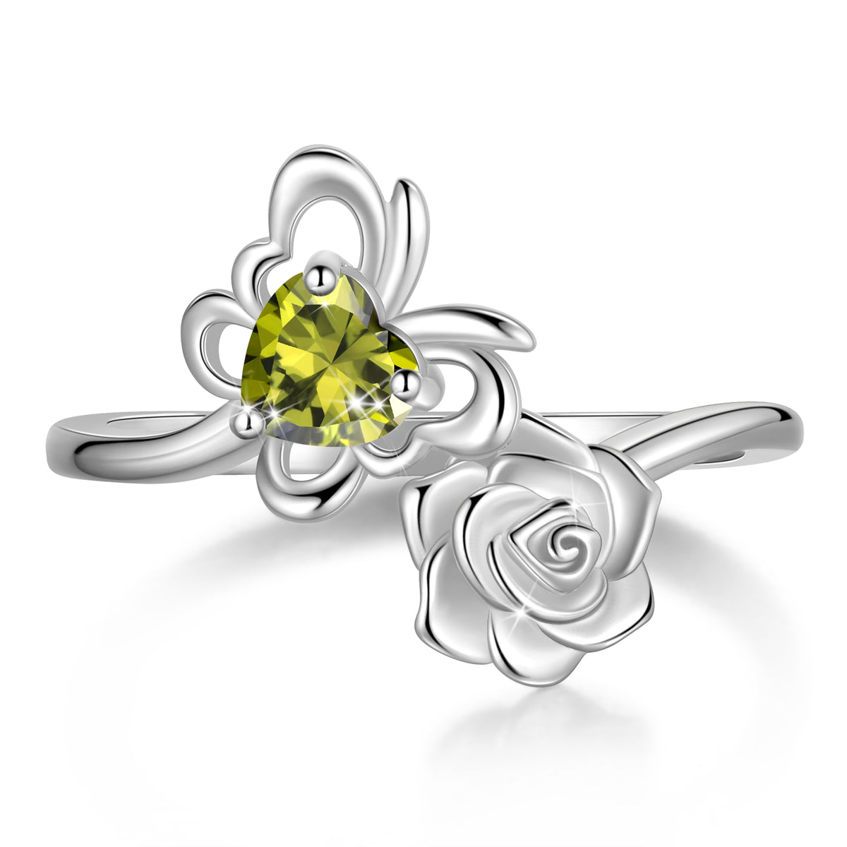 Rose Heart Birthstone Ring,925 Sterling Silver Butterfly Birthstone Adjustable Open Rings Birthday Christmas Valentines Mothers Day Jewelry Gifts for Women Mom