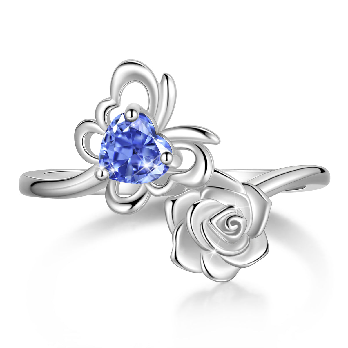 Rose Heart Birthstone Ring,925 Sterling Silver Butterfly Birthstone Adjustable Open Rings Birthday Christmas Valentines Mothers Day Jewelry Gifts for Women Mom