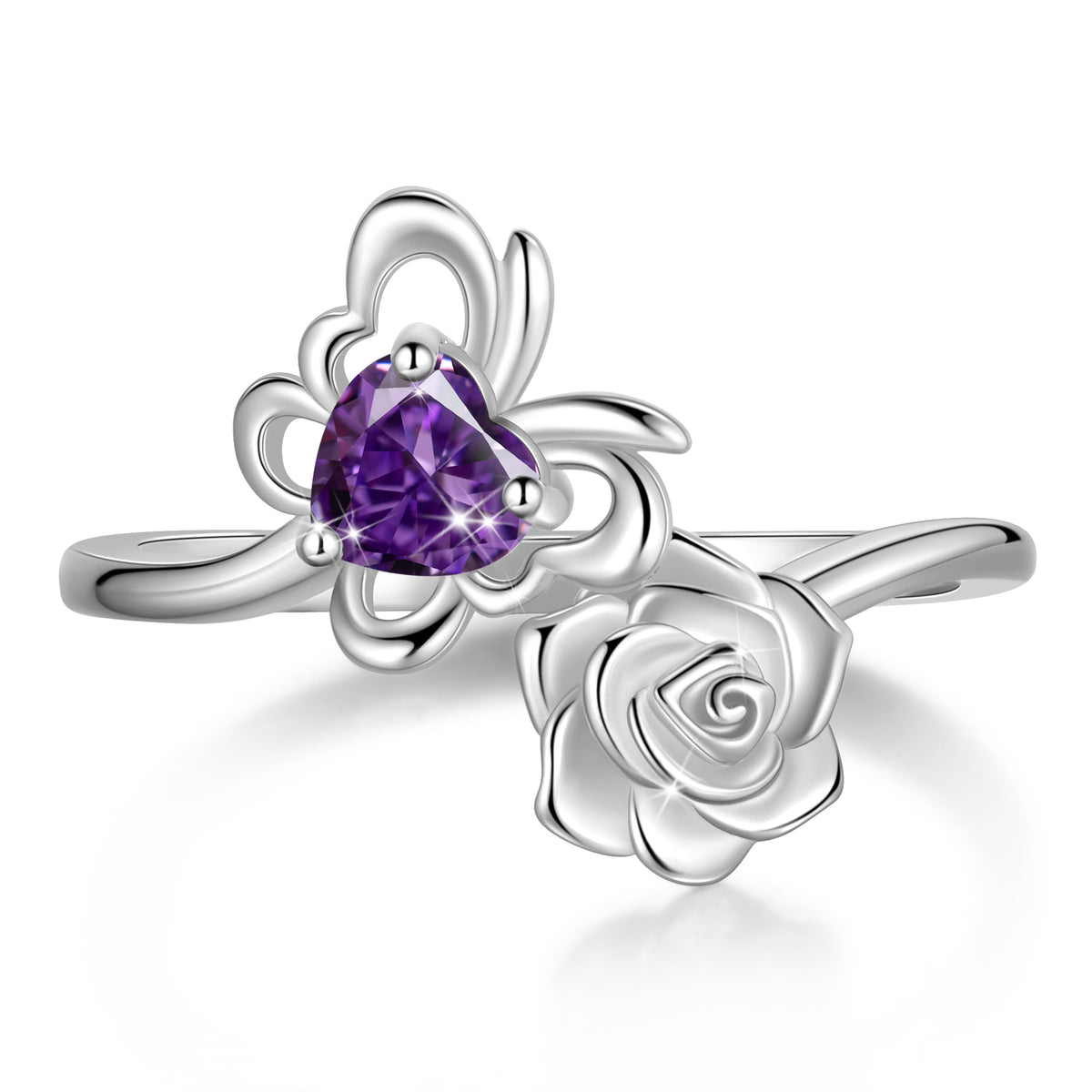 Rose Heart Birthstone Ring,925 Sterling Silver Butterfly Birthstone Adjustable Open Rings Birthday Christmas Valentines Mothers Day Jewelry Gifts for Women Mom