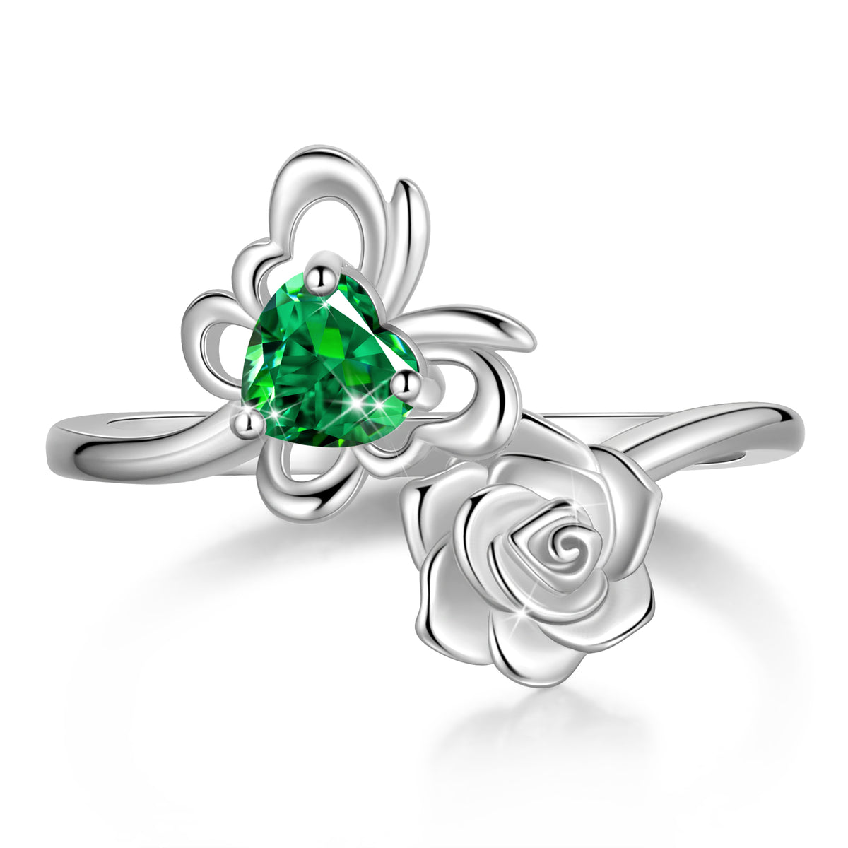 Rose Heart Birthstone Ring,925 Sterling Silver Butterfly Birthstone Adjustable Open Rings Birthday Christmas Valentines Mothers Day Jewelry Gifts for Women Mom