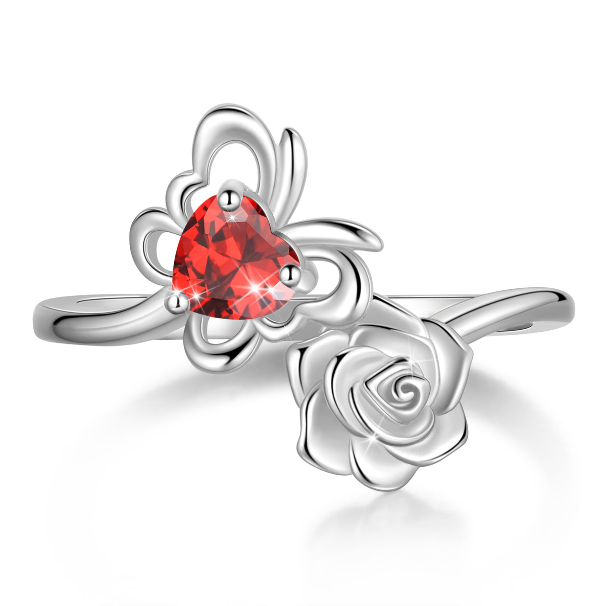 Rose Heart Birthstone Ring,925 Sterling Silver Butterfly Birthstone Adjustable Open Rings Birthday Christmas Valentines Mothers Day Jewelry Gifts for Women Mom