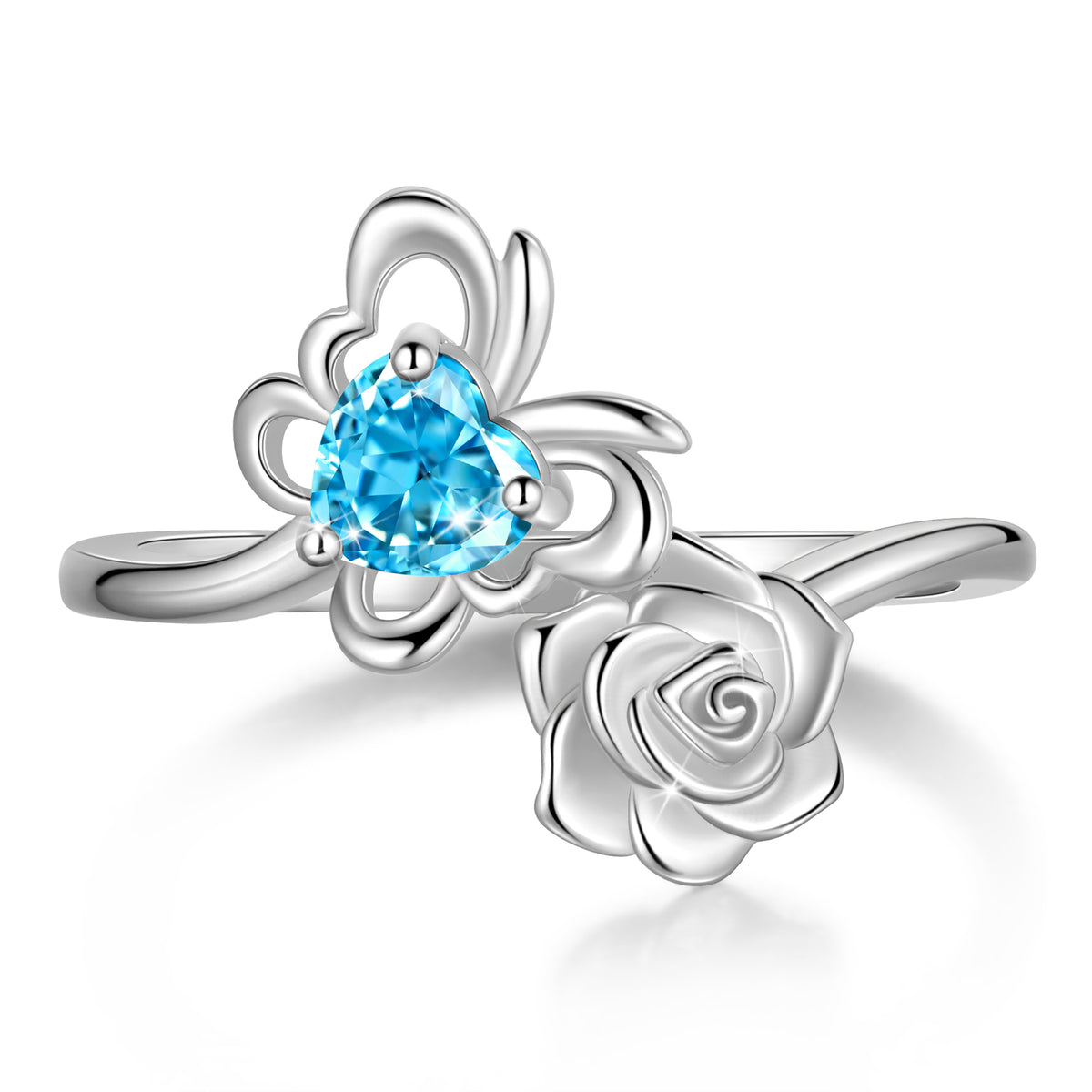 Rose Heart Birthstone Ring,925 Sterling Silver Butterfly Birthstone Adjustable Open Rings Birthday Christmas Valentines Mothers Day Jewelry Gifts for Women Mom