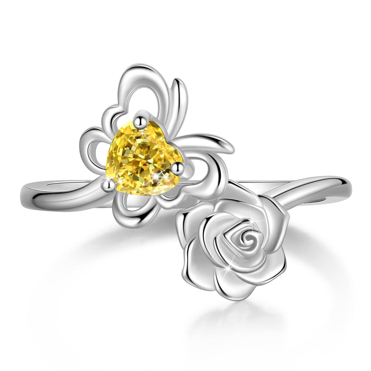 Rose Heart Birthstone Ring,925 Sterling Silver Butterfly Birthstone Adjustable Open Rings Birthday Christmas Valentines Mothers Day Jewelry Gifts for Women Mom