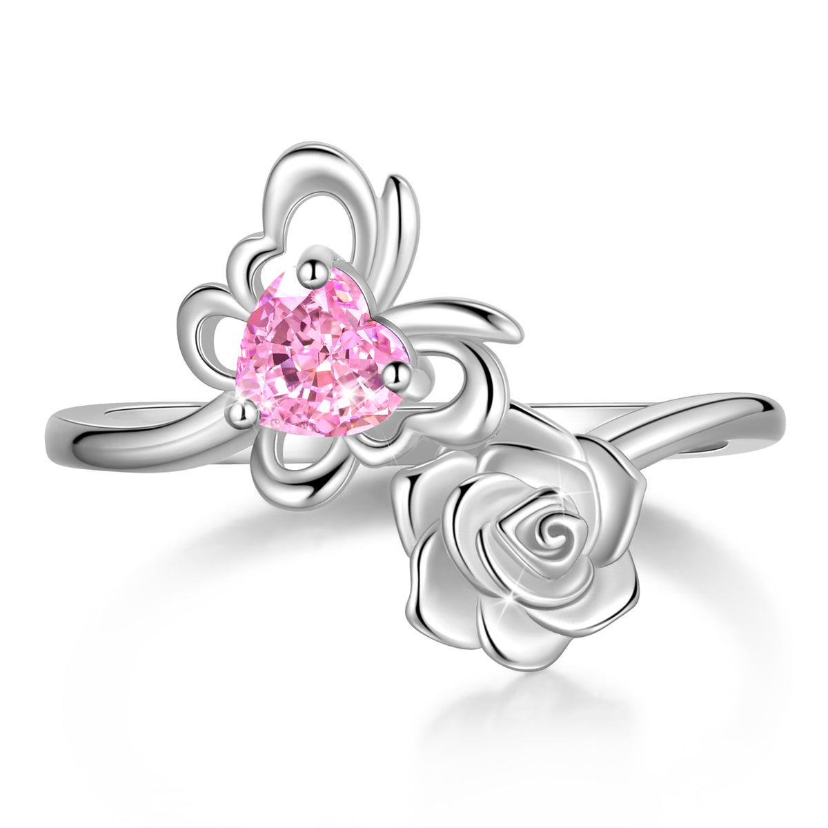 Rose Heart Birthstone Ring,925 Sterling Silver Butterfly Birthstone Adjustable Open Rings Birthday Christmas Valentines Mothers Day Jewelry Gifts for Women Mom
