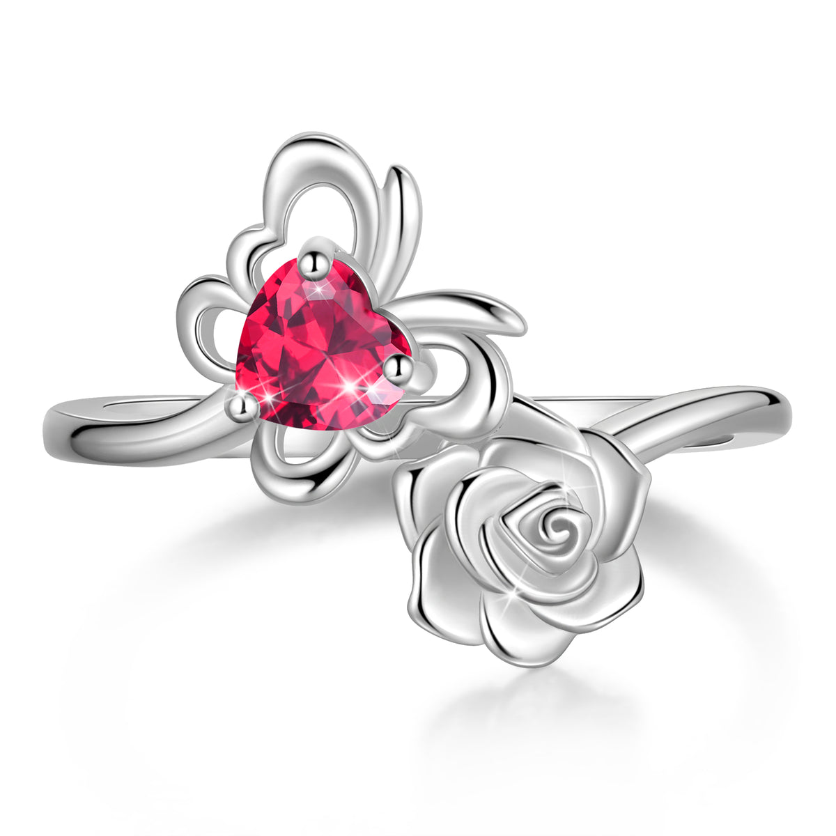 Rose Heart Birthstone Ring,925 Sterling Silver Butterfly Birthstone Adjustable Open Rings Birthday Christmas Valentines Mothers Day Jewelry Gifts for Women Mom