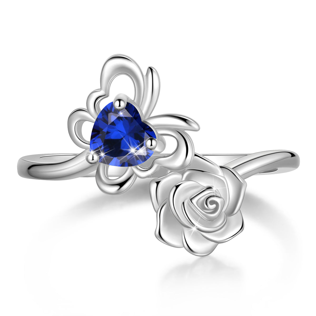 Rose Heart Birthstone Ring,925 Sterling Silver Butterfly Birthstone Adjustable Open Rings Birthday Christmas Valentines Mothers Day Jewelry Gifts for Women Mom