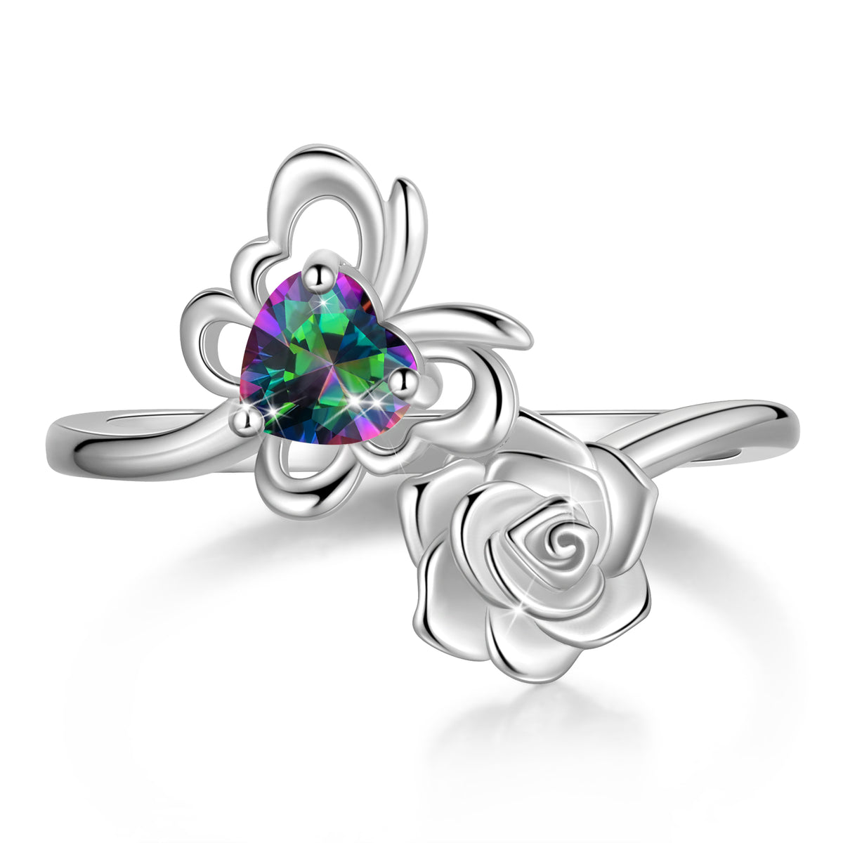 Rose Heart Birthstone Ring,925 Sterling Silver Butterfly Birthstone Adjustable Open Rings Birthday Christmas Valentines Mothers Day Jewelry Gifts for Women Mom