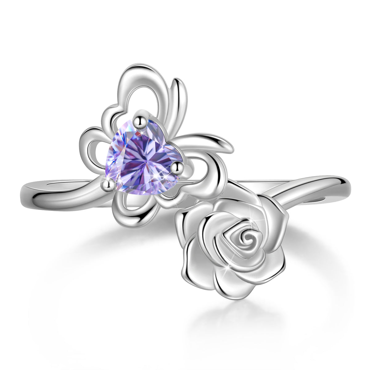 Rose Heart Birthstone Ring,925 Sterling Silver Butterfly Birthstone Adjustable Open Rings Birthday Christmas Valentines Mothers Day Jewelry Gifts for Women Mom