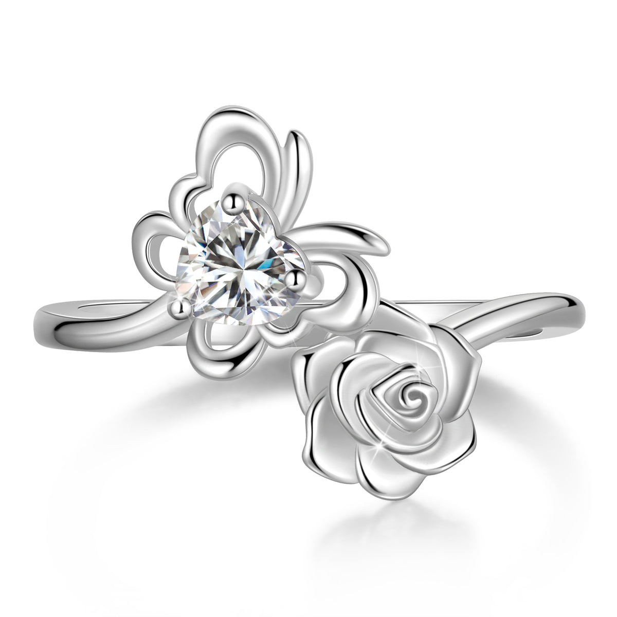 Rose Heart Birthstone Ring,925 Sterling Silver Butterfly Birthstone Adjustable Open Rings Birthday Christmas Valentines Mothers Day Jewelry Gifts for Women Mom