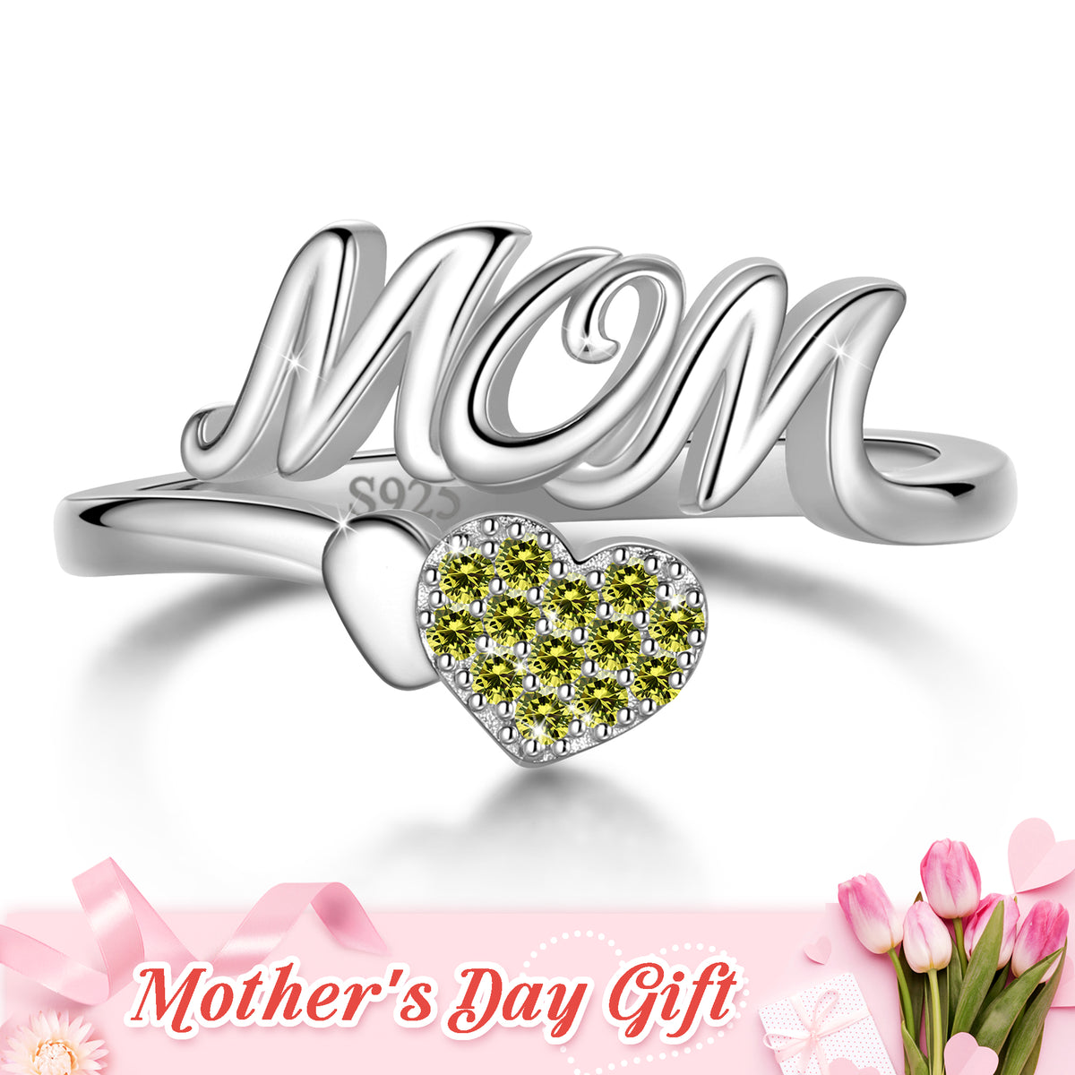 Mom Adjustable Ring,925 Sterling Silver Love Heart May Emerald Birthstone Open Rings Mothers'Day Birthday Jewelry Gifts for Her Mom Women Gandma