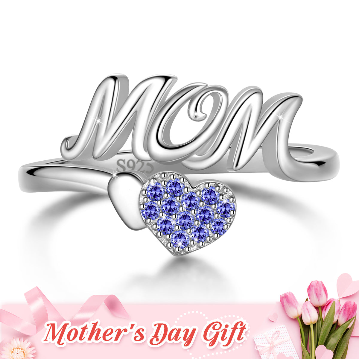 Mom Adjustable Ring,925 Sterling Silver Love Heart May Emerald Birthstone Open Rings Mothers'Day Birthday Jewelry Gifts for Her Mom Women Gandma