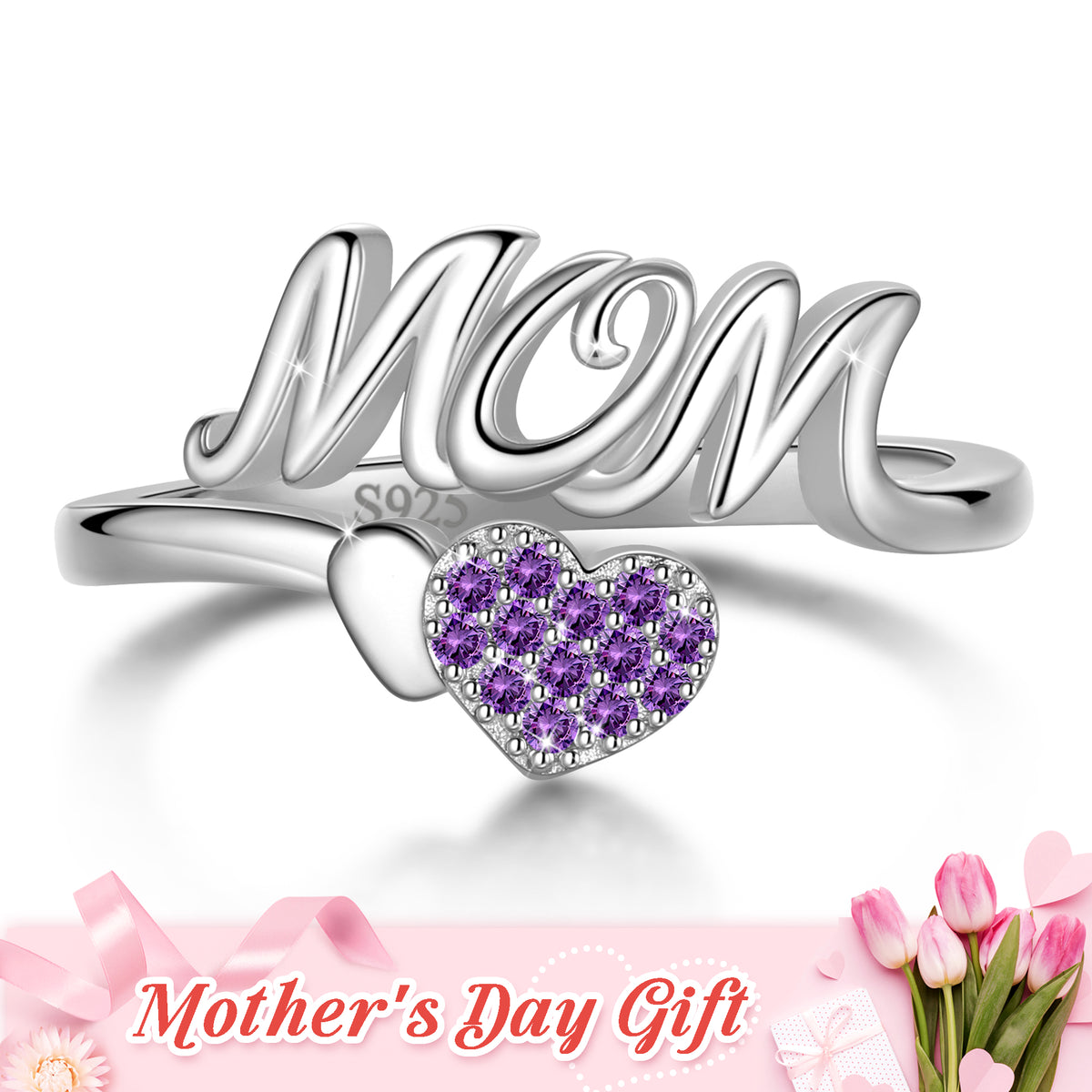 Mom Adjustable Ring,925 Sterling Silver Love Heart May Emerald Birthstone Open Rings Mothers'Day Birthday Jewelry Gifts for Her Mom Women Gandma