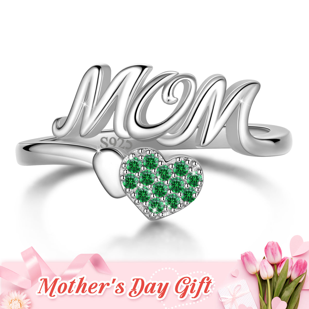 Mom Adjustable Ring,925 Sterling Silver Love Heart May Emerald Birthstone Open Rings Mothers'Day Birthday Jewelry Gifts for Her Mom Women Gandma
