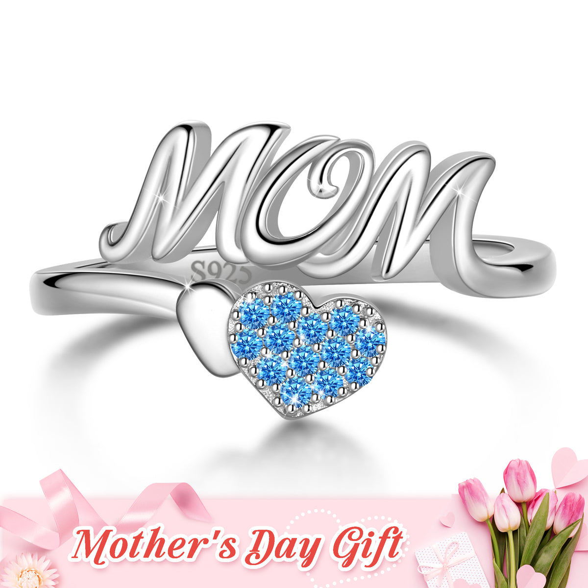 Mom Adjustable Ring,925 Sterling Silver Love Heart May Emerald Birthstone Open Rings Mothers'Day Birthday Jewelry Gifts for Her Mom Women Gandma