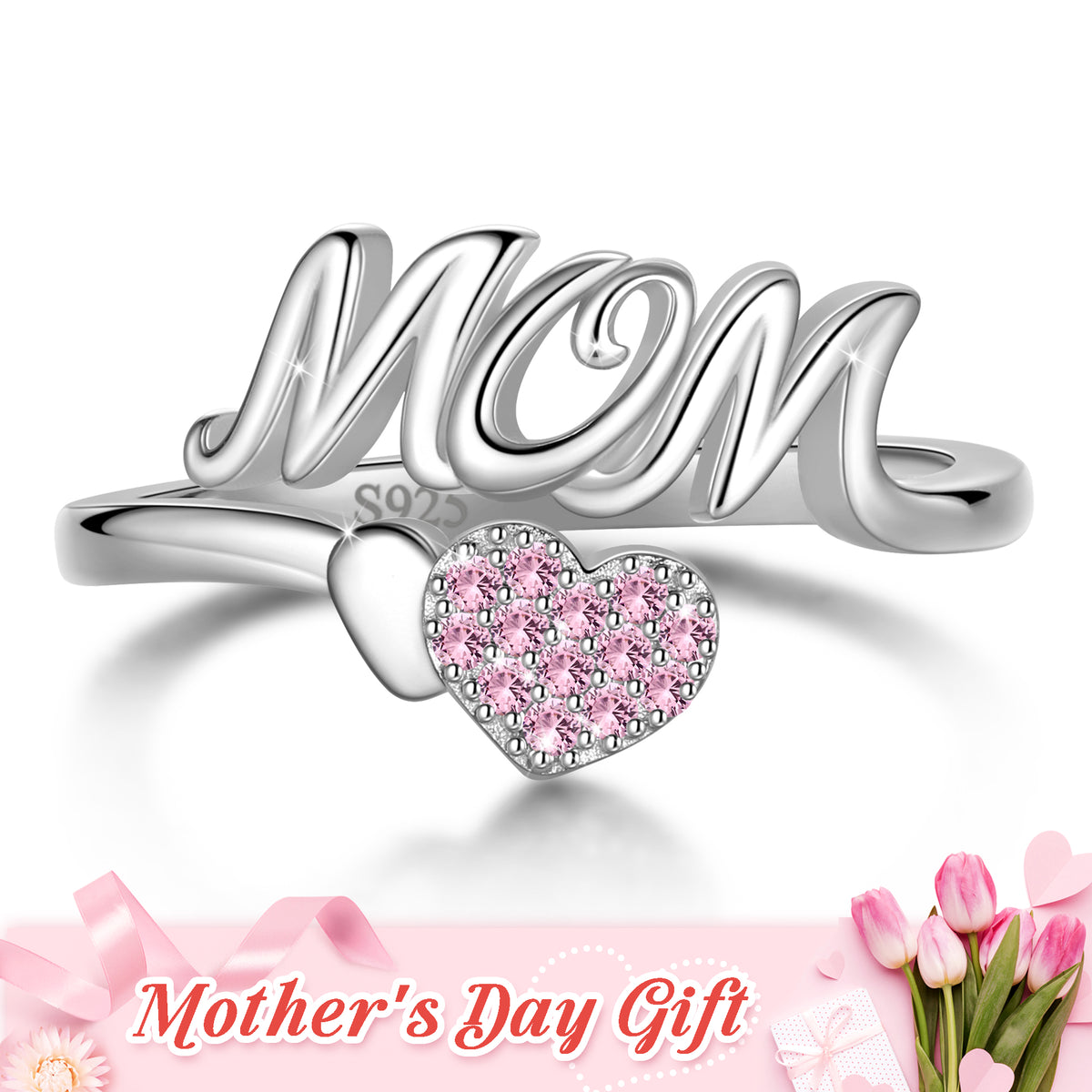 Mom Adjustable Ring,925 Sterling Silver Love Heart May Emerald Birthstone Open Rings Mothers'Day Birthday Jewelry Gifts for Her Mom Women Gandma