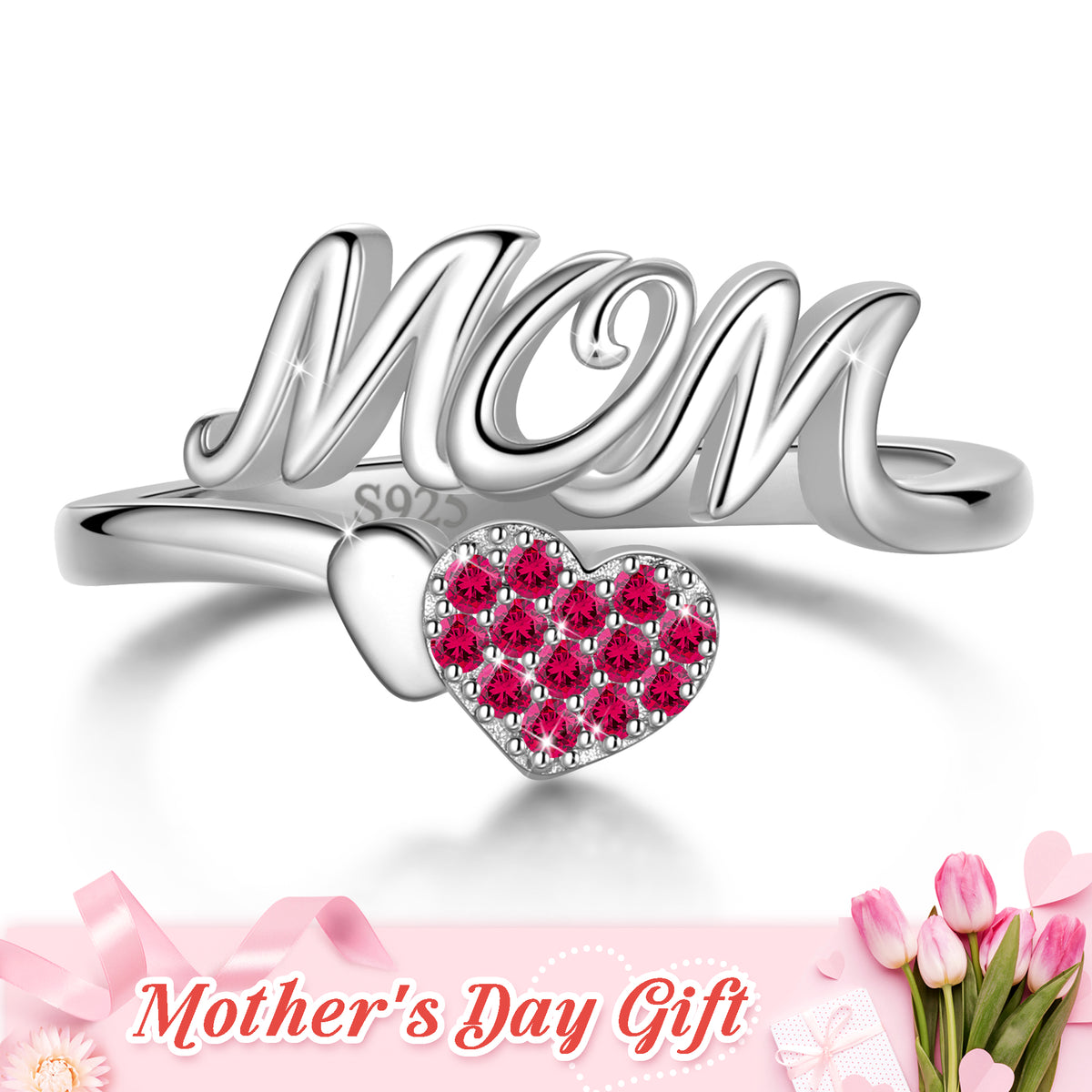 Mom Adjustable Ring,925 Sterling Silver Love Heart May Emerald Birthstone Open Rings Mothers'Day Birthday Jewelry Gifts for Her Mom Women Gandma