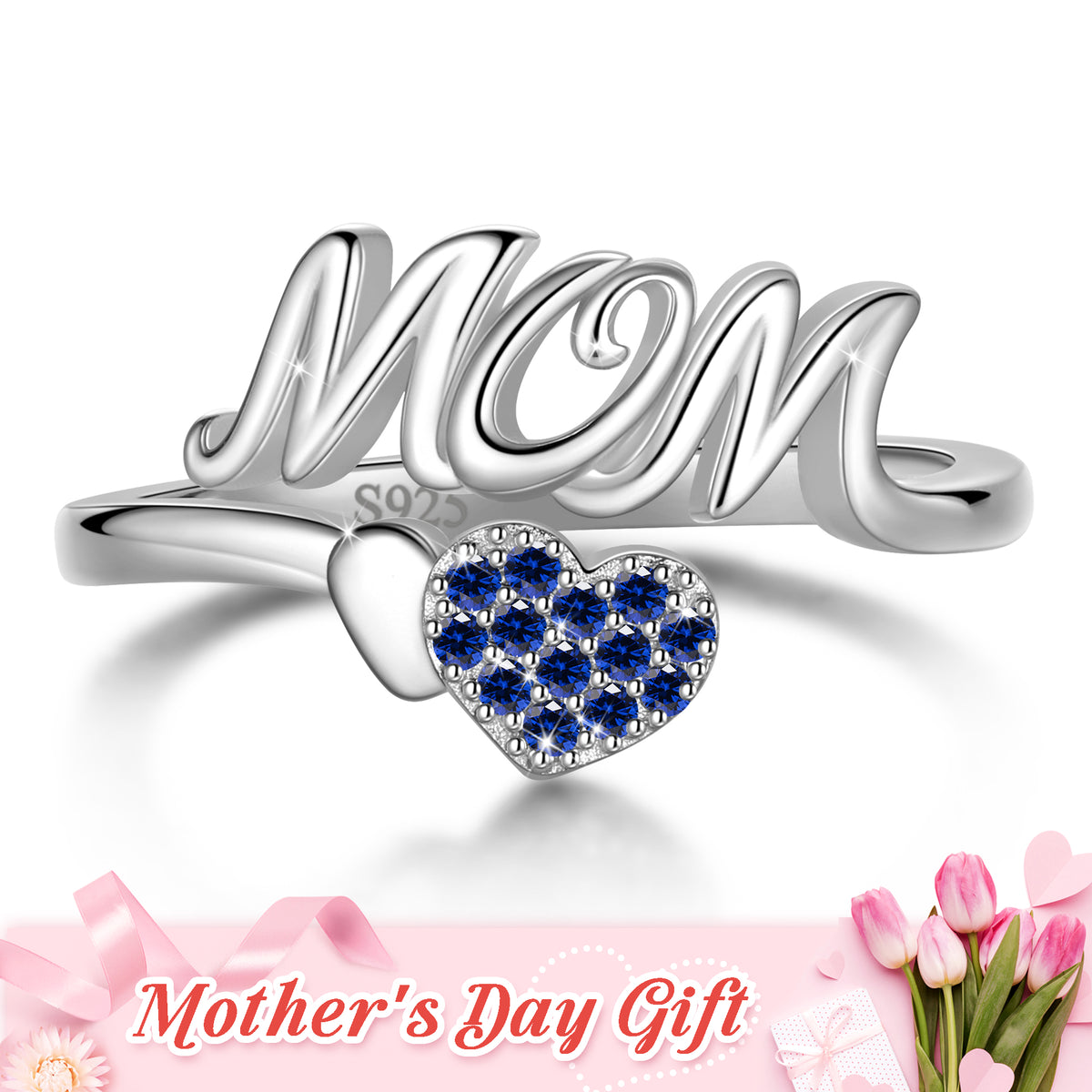 Mom Adjustable Ring,925 Sterling Silver Love Heart May Emerald Birthstone Open Rings Mothers'Day Birthday Jewelry Gifts for Her Mom Women Gandma