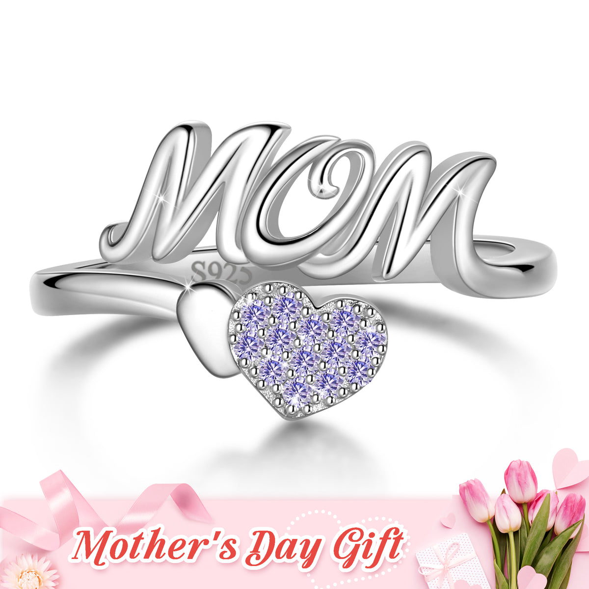 Mom Adjustable Ring,925 Sterling Silver Love Heart May Emerald Birthstone Open Rings Mothers'Day Birthday Jewelry Gifts for Her Mom Women Gandma