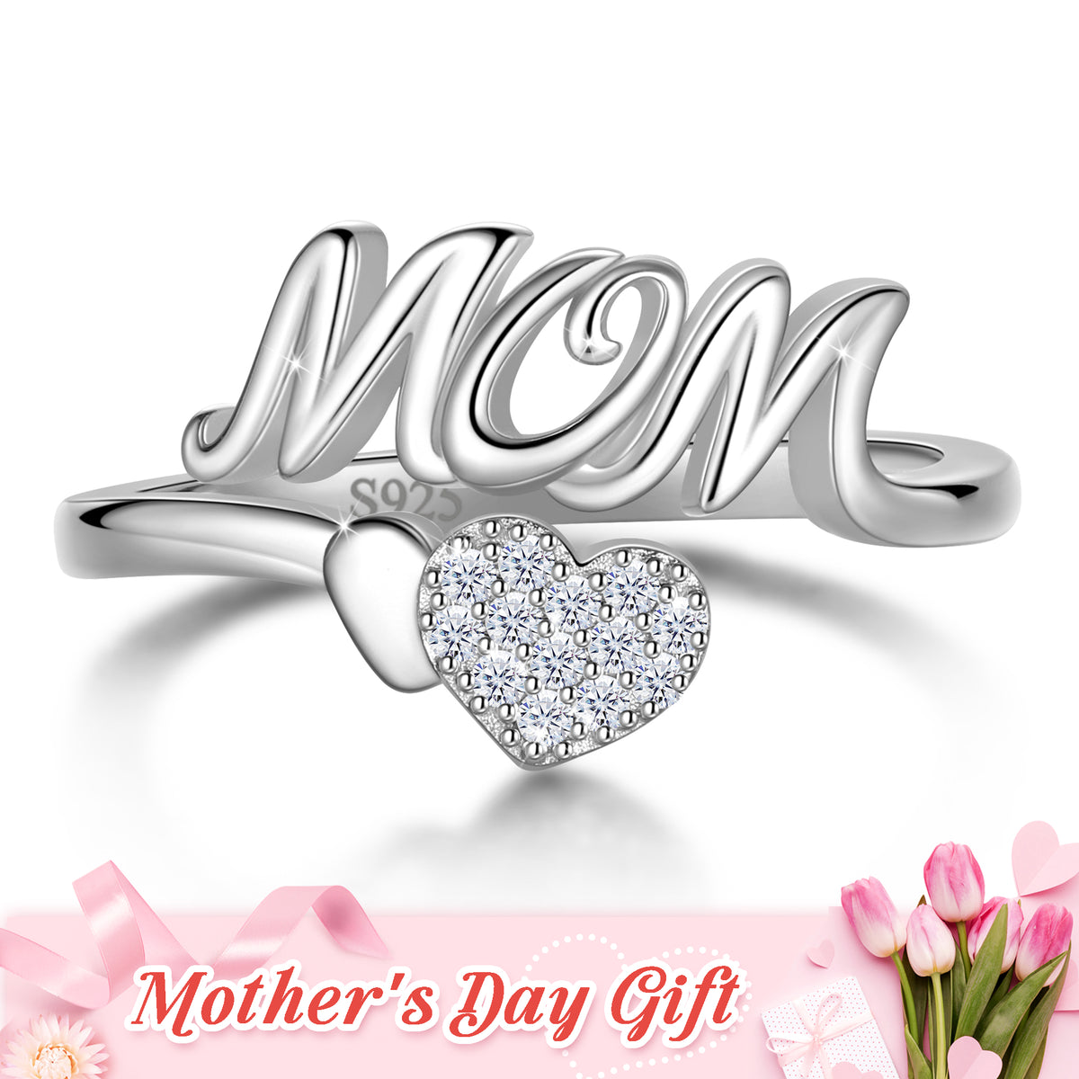 Mom Adjustable Ring,925 Sterling Silver Love Heart May Emerald Birthstone Open Rings Mothers'Day Birthday Jewelry Gifts for Her Mom Women Gandma