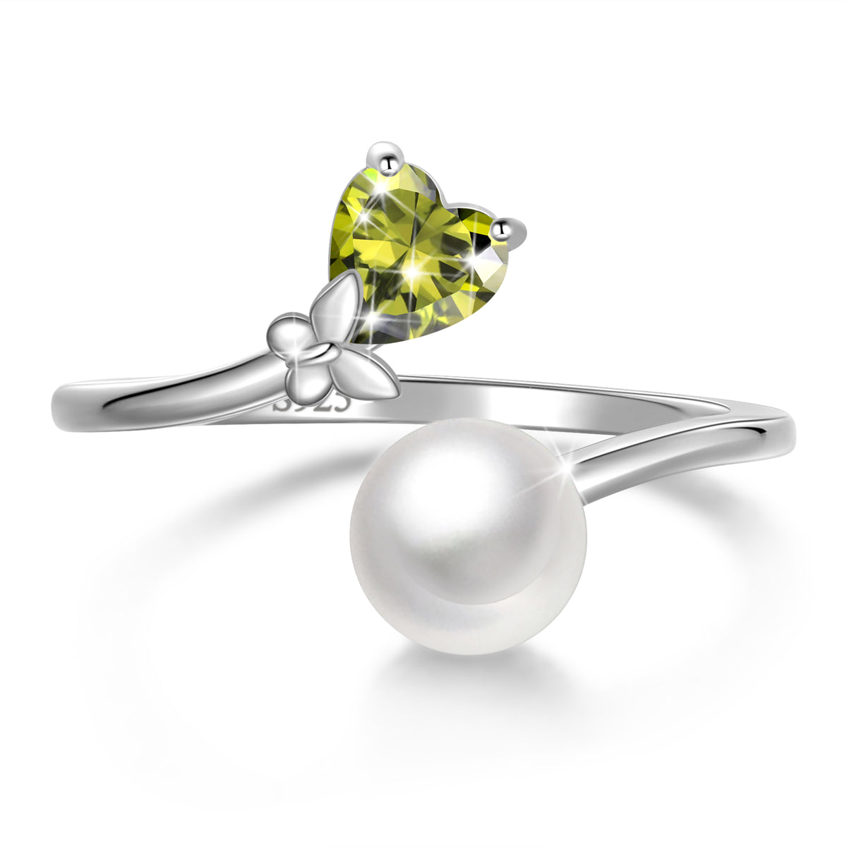 7mm Natural Pearl Heart Ring,925 Sterling Silver Heart Birthstone Butterfly Adjustable Open Rings Birthday Anniversary Christmas Jewelry Gifts for Women / Wife / Lovers