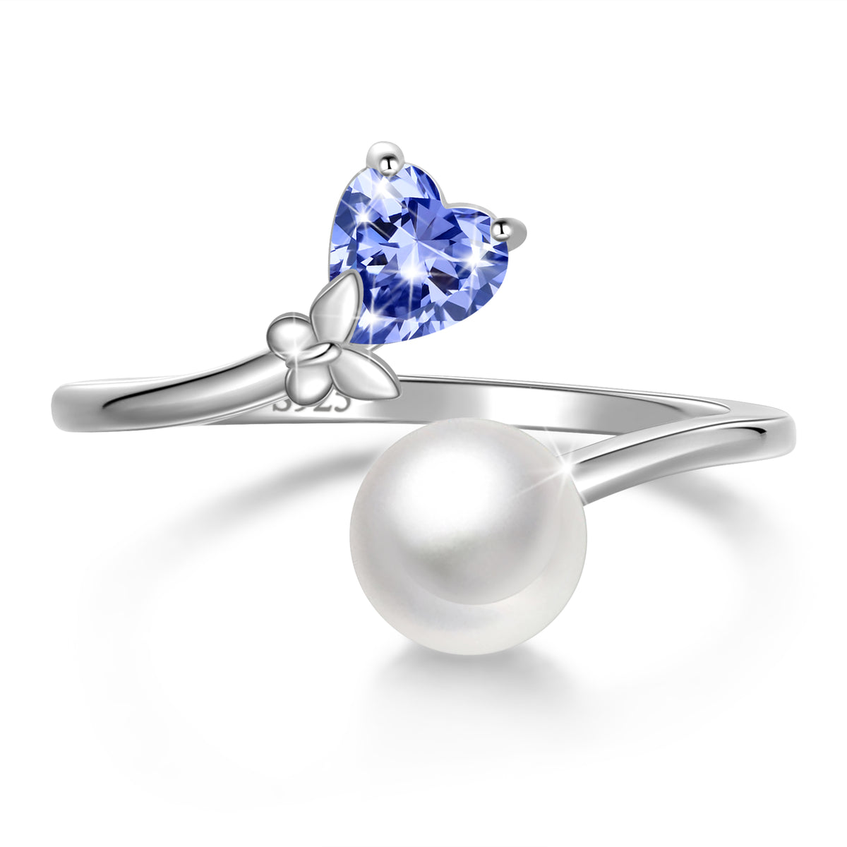 7mm Natural Pearl Heart Ring,925 Sterling Silver Heart Birthstone Butterfly Adjustable Open Rings Birthday Anniversary Christmas Jewelry Gifts for Women / Wife / Lovers