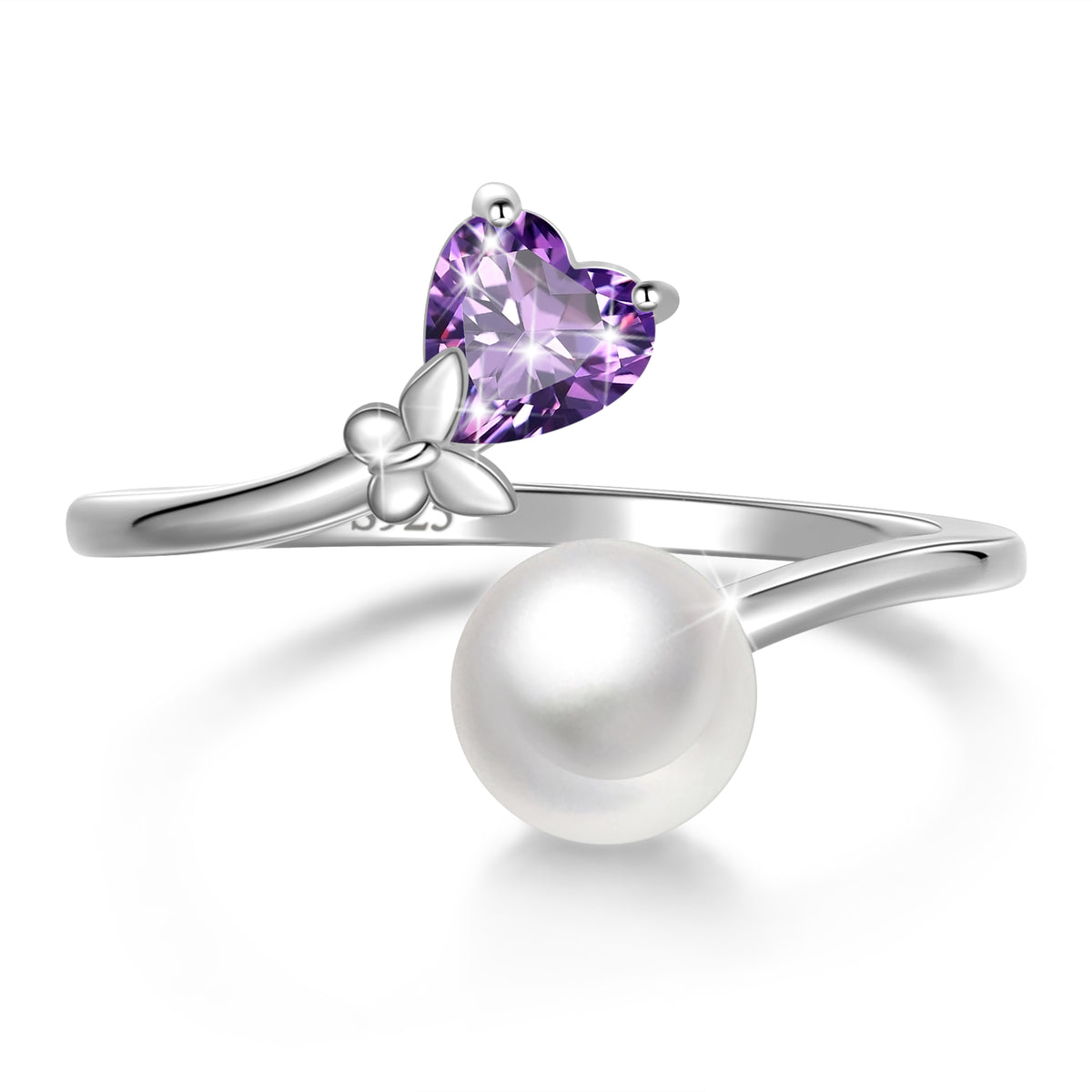 7mm Natural Pearl Heart Ring,925 Sterling Silver Heart Birthstone Butterfly Adjustable Open Rings Birthday Anniversary Christmas Jewelry Gifts for Women / Wife / Lovers