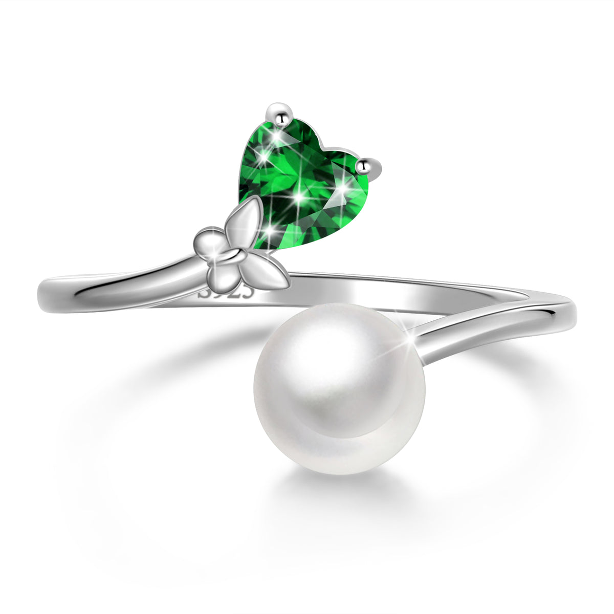 7mm Natural Pearl Heart Ring,925 Sterling Silver Heart Birthstone Butterfly Adjustable Open Rings Birthday Anniversary Christmas Jewelry Gifts for Women / Wife / Lovers