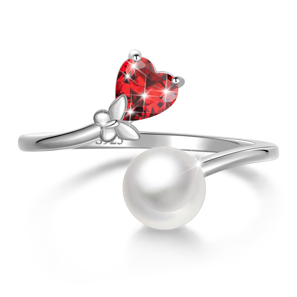 7mm Natural Pearl Heart Ring,925 Sterling Silver Heart Birthstone Butterfly Adjustable Open Rings Birthday Anniversary Christmas Jewelry Gifts for Women / Wife / Lovers