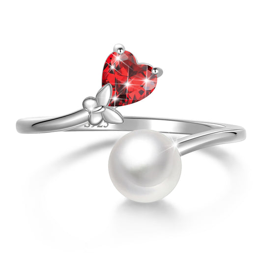 7mm Natural Pearl Heart Ring,925 Sterling Silver Heart Birthstone Butterfly Adjustable Open Rings Birthday Anniversary Christmas Jewelry Gifts for Women / Wife / Lovers