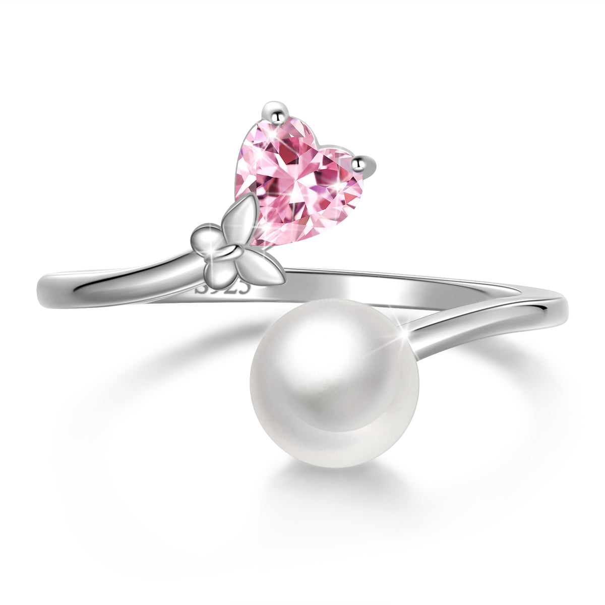 7mm Natural Pearl Heart Ring,925 Sterling Silver Heart Birthstone Butterfly Adjustable Open Rings Birthday Anniversary Christmas Jewelry Gifts for Women / Wife / Lovers