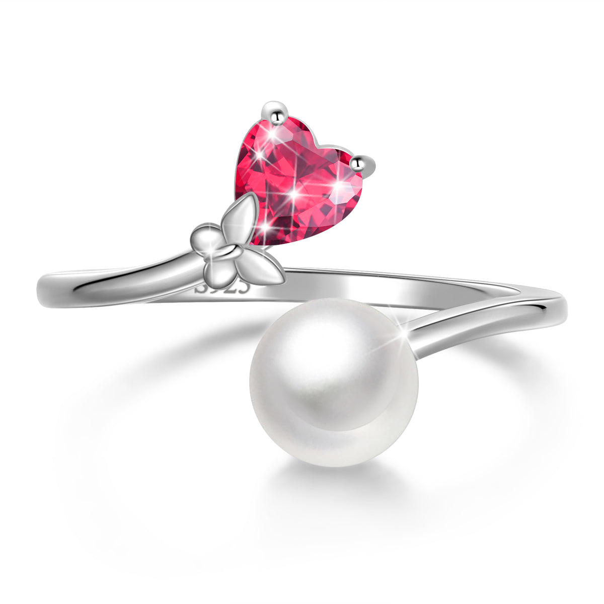 7mm Natural Pearl Heart Ring,925 Sterling Silver Heart Birthstone Butterfly Adjustable Open Rings Birthday Anniversary Christmas Jewelry Gifts for Women / Wife / Lovers