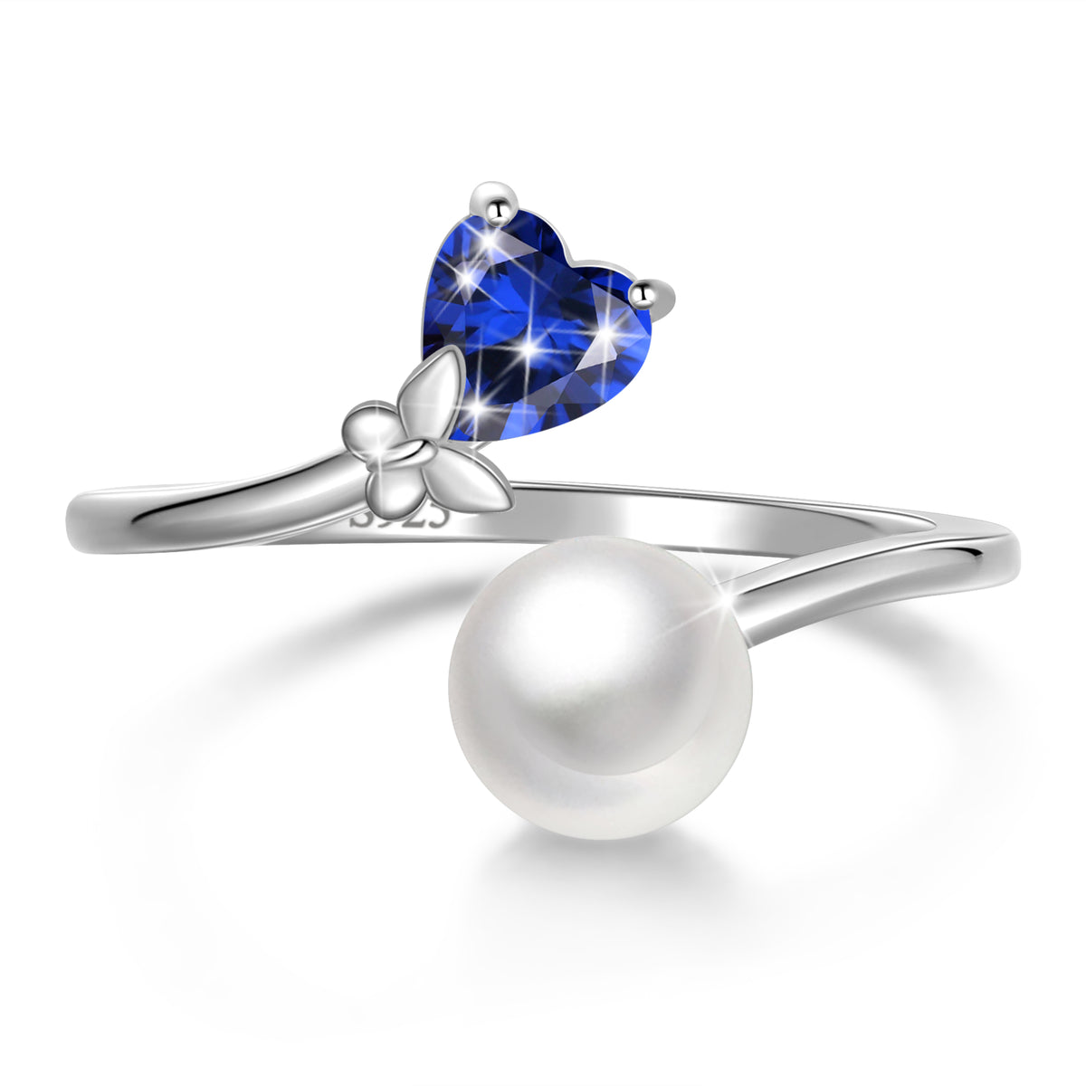 7mm Natural Pearl Heart Ring,925 Sterling Silver Heart Birthstone Butterfly Adjustable Open Rings Birthday Anniversary Christmas Jewelry Gifts for Women / Wife / Lovers