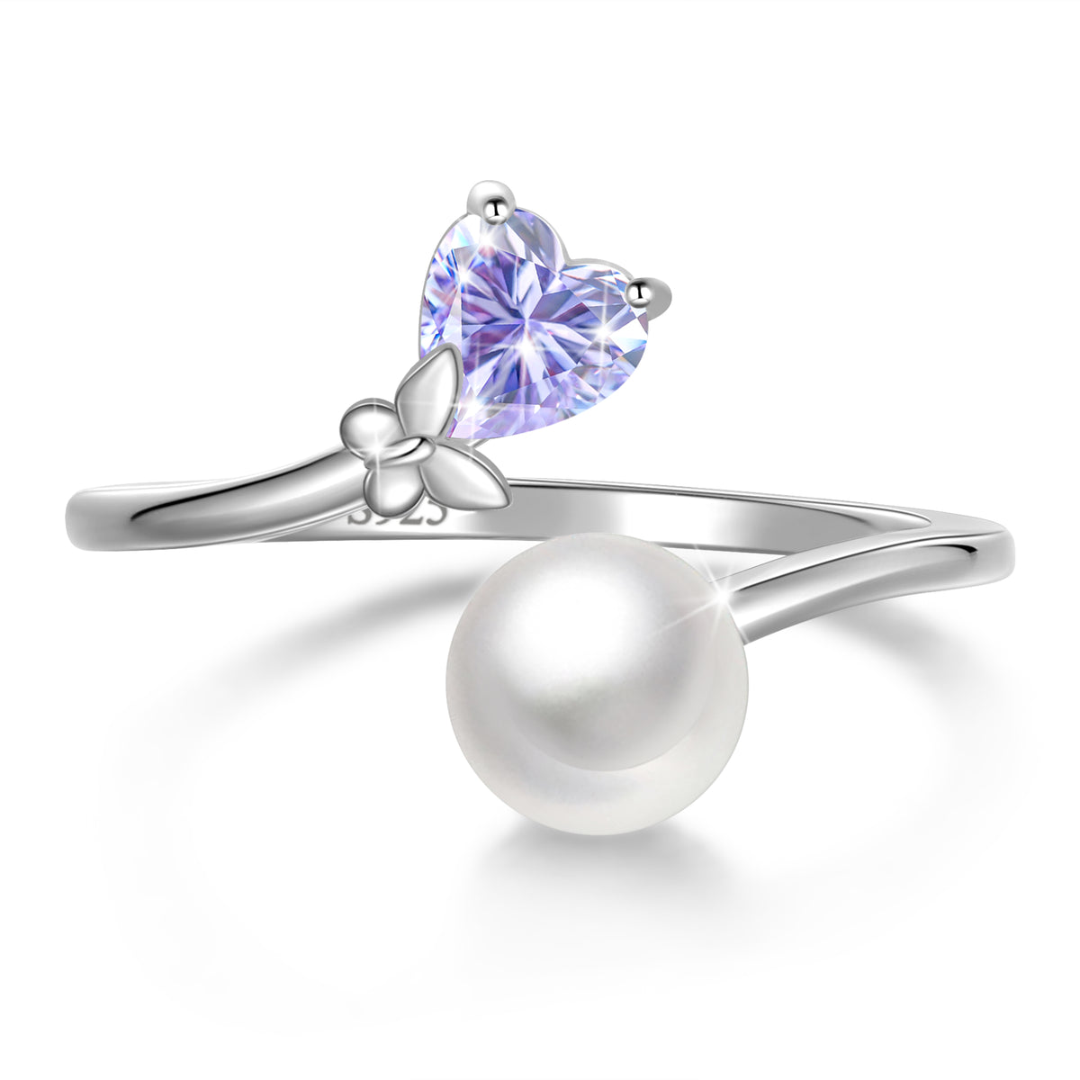 7mm Natural Pearl Heart Ring,925 Sterling Silver Heart Birthstone Butterfly Adjustable Open Rings Birthday Anniversary Christmas Jewelry Gifts for Women / Wife / Lovers