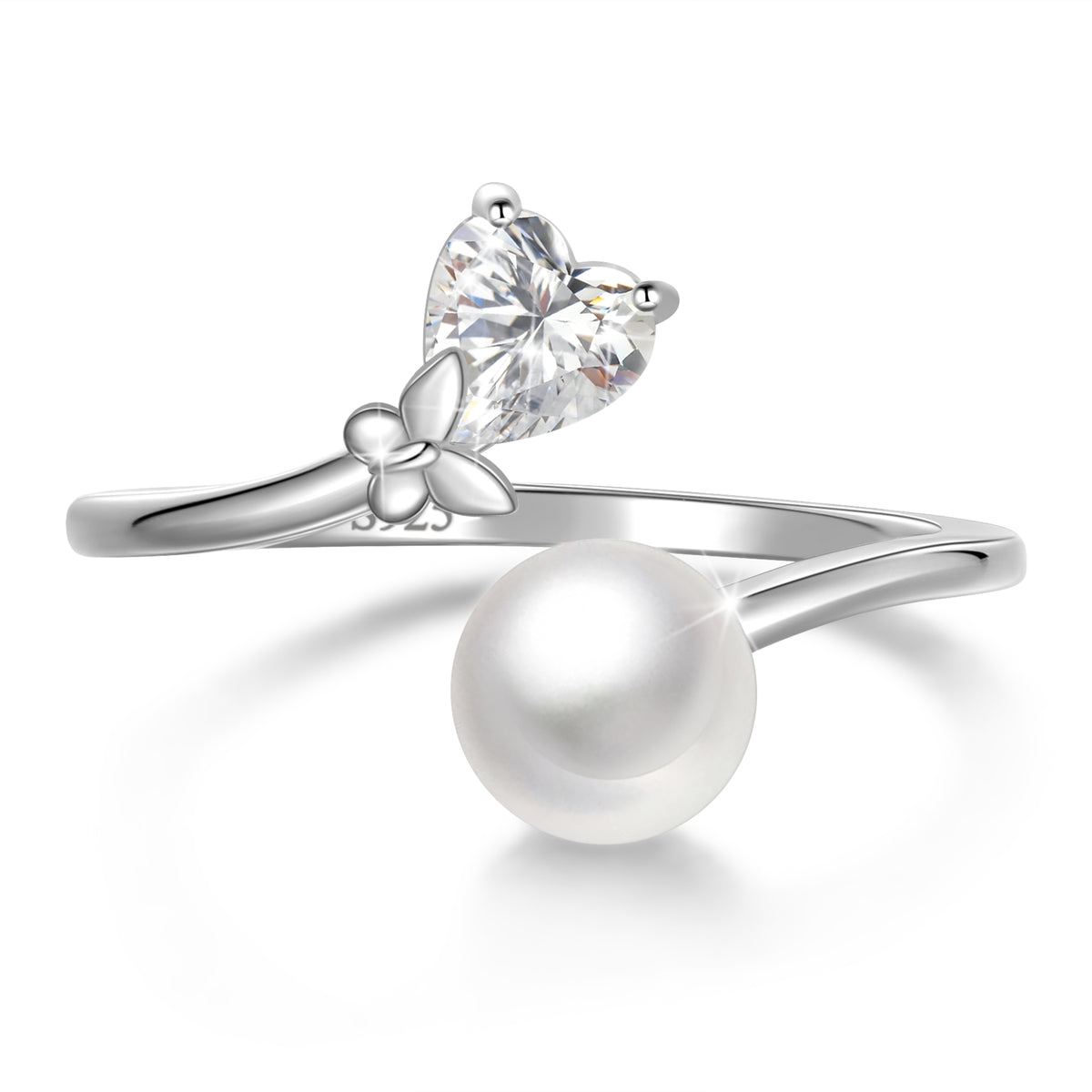 7mm Natural Pearl Heart Ring,925 Sterling Silver Heart Birthstone Butterfly Adjustable Open Rings Birthday Anniversary Christmas Jewelry Gifts for Women / Wife / Lovers
