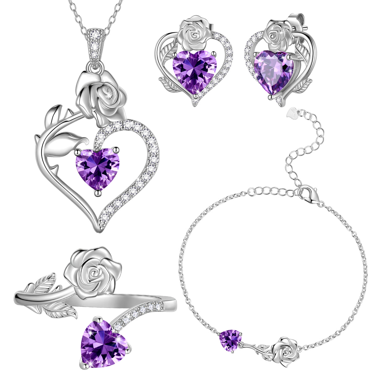 Rose Heart Jewelry Set,Birthstone Rose Flower Heart Necklace/Earrings/Ring/Bracelet 925 Sterling Silver Jewelry Gifts for Women