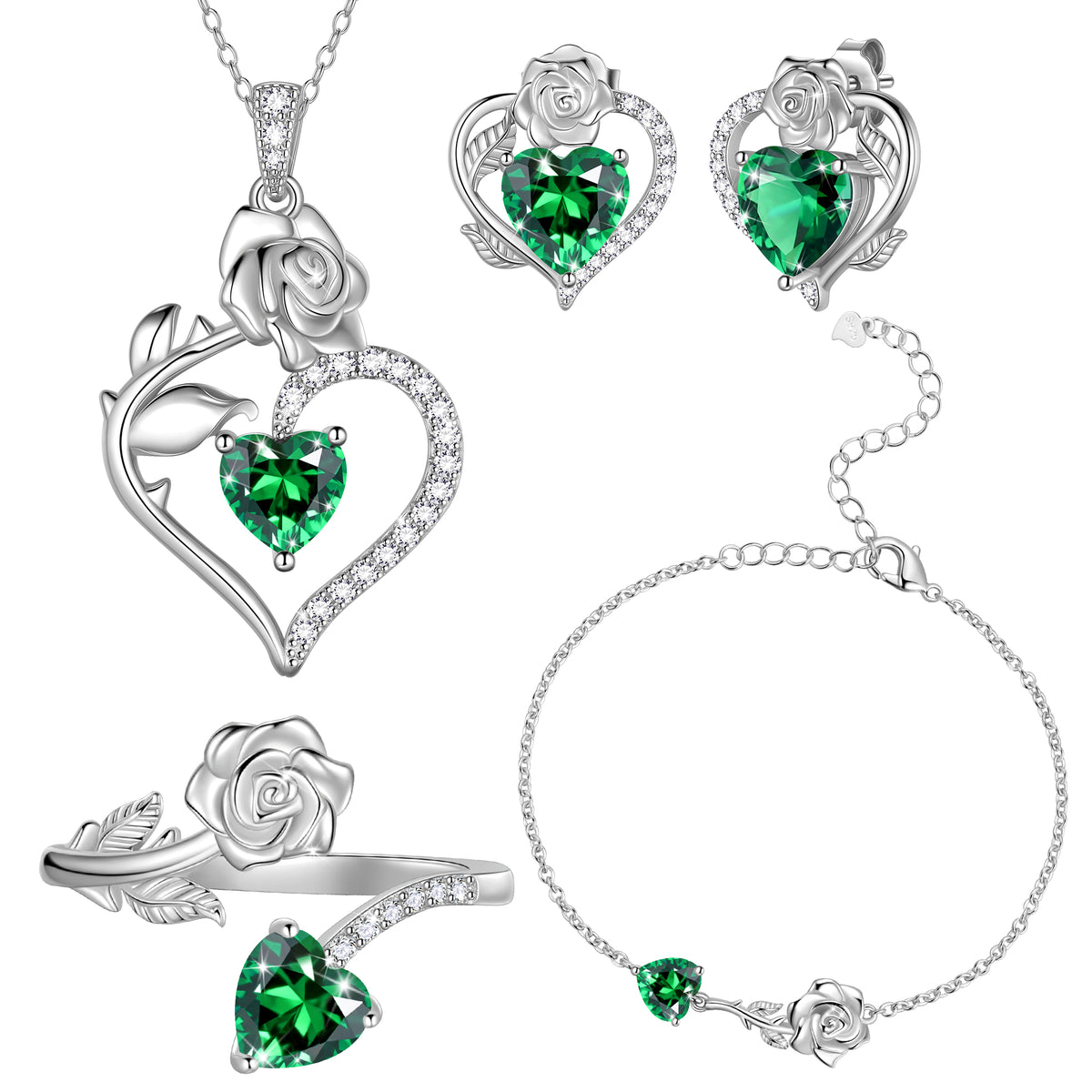 Rose Heart Jewelry Set,Birthstone Rose Flower Heart Necklace/Earrings/Ring/Bracelet 925 Sterling Silver Jewelry Gifts for Women