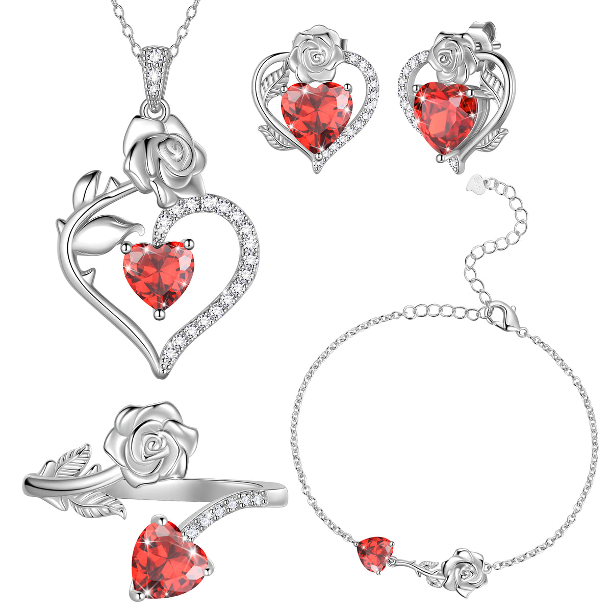 Rose Heart Jewelry Set,Birthstone Rose Flower Heart Necklace/Earrings/Ring/Bracelet 925 Sterling Silver Jewelry Gifts for Women