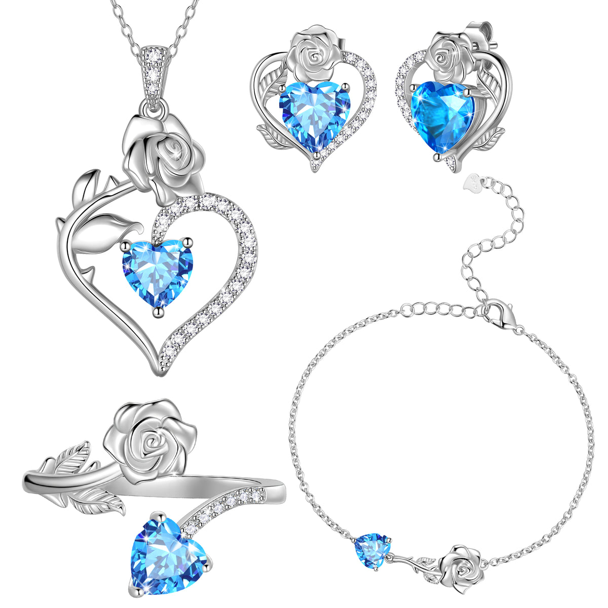 Rose Heart Jewelry Set,Birthstone Rose Flower Heart Necklace/Earrings/Ring/Bracelet 925 Sterling Silver Jewelry Gifts for Women