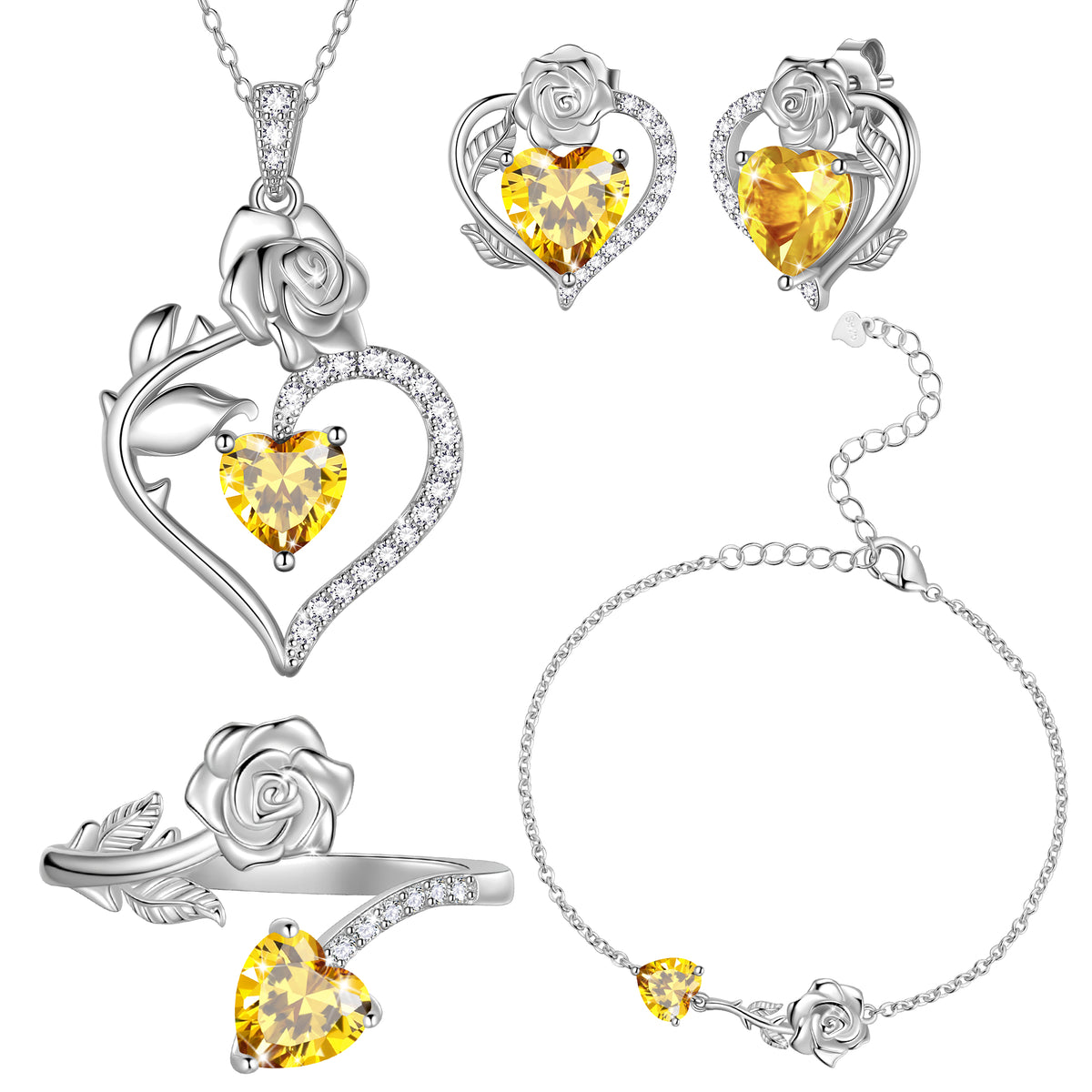 Rose Heart Jewelry Set,Birthstone Rose Flower Heart Necklace/Earrings/Ring/Bracelet 925 Sterling Silver Jewelry Gifts for Women
