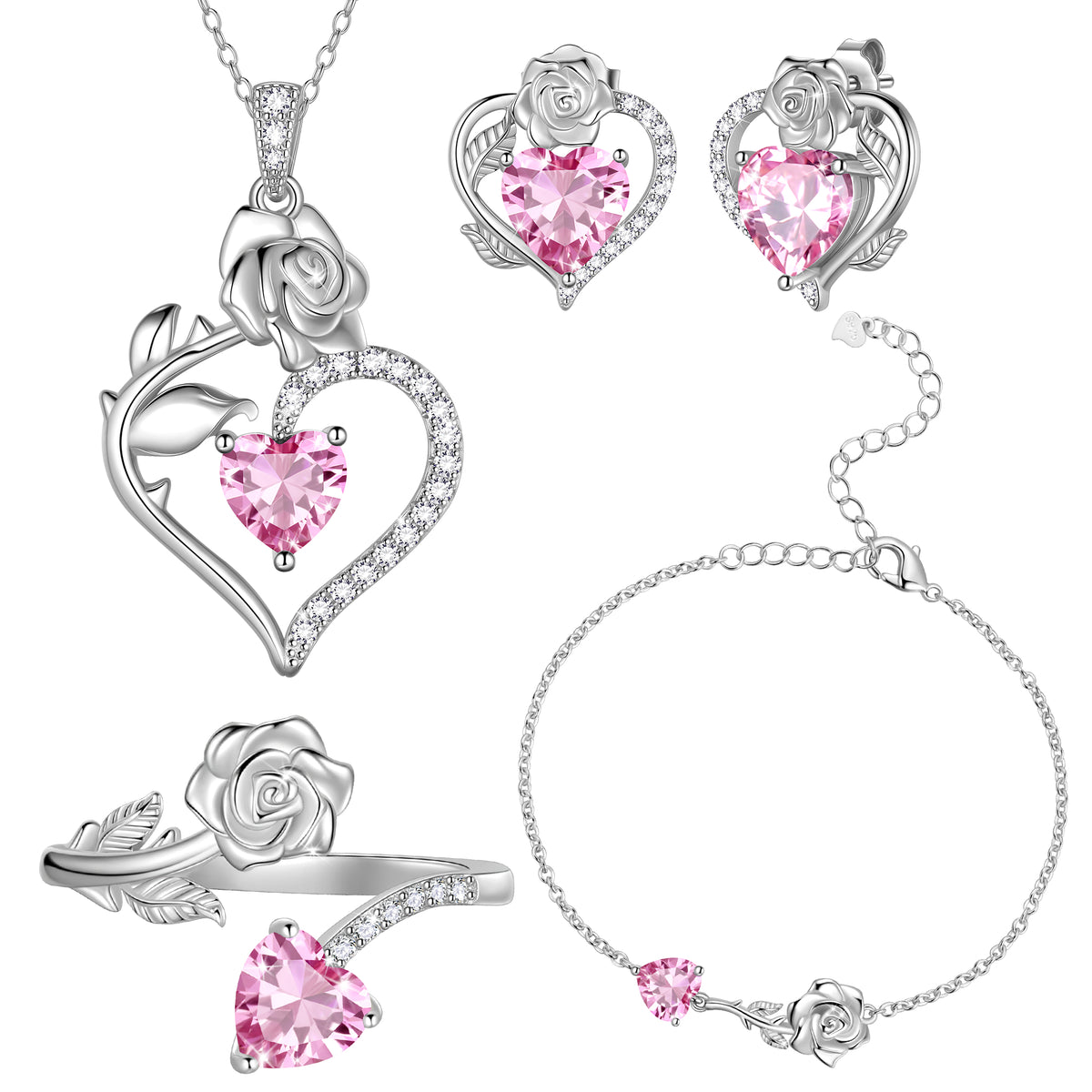 Rose Heart Jewelry Set,Birthstone Rose Flower Heart Necklace/Earrings/Ring/Bracelet 925 Sterling Silver Jewelry Gifts for Women