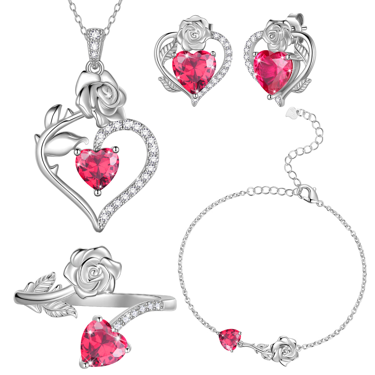 Rose Heart Jewelry Set,Birthstone Rose Flower Heart Necklace/Earrings/Ring/Bracelet 925 Sterling Silver Jewelry Gifts for Women