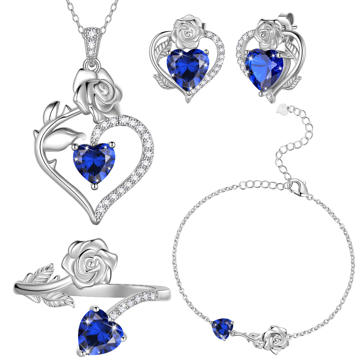 Rose Heart Jewelry Set,Birthstone Rose Flower Heart Necklace/Earrings/Ring/Bracelet 925 Sterling Silver Jewelry Gifts for Women
