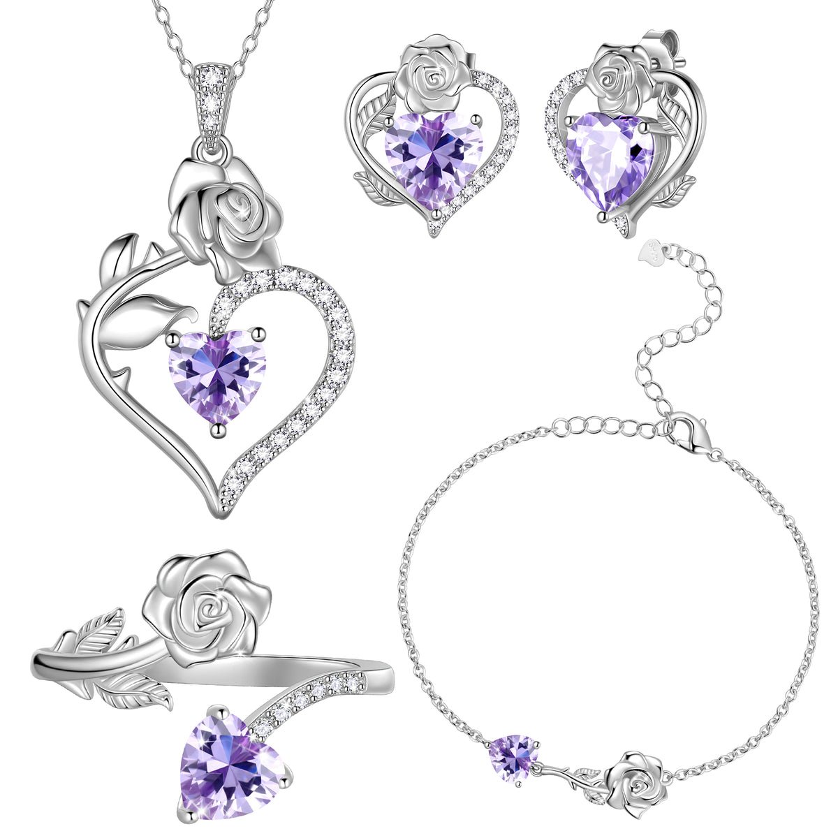 Rose Heart Jewelry Set,Birthstone Rose Flower Heart Necklace/Earrings/Ring/Bracelet 925 Sterling Silver Jewelry Gifts for Women