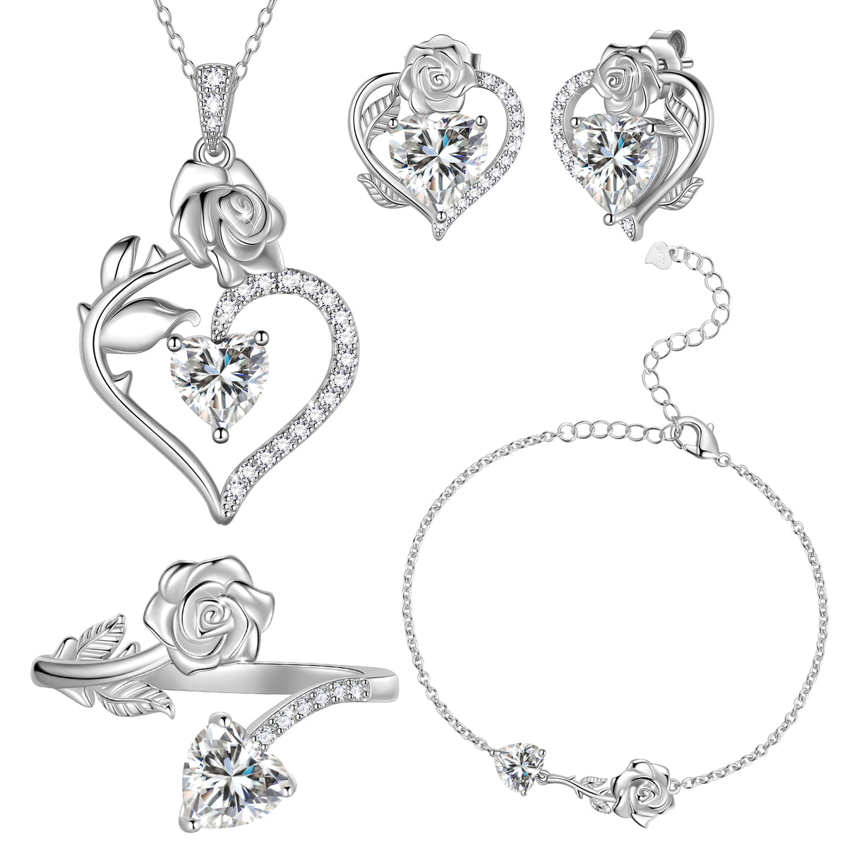 Rose Heart Jewelry Set,Birthstone Rose Flower Heart Necklace/Earrings/Ring/Bracelet 925 Sterling Silver Jewelry Gifts for Women