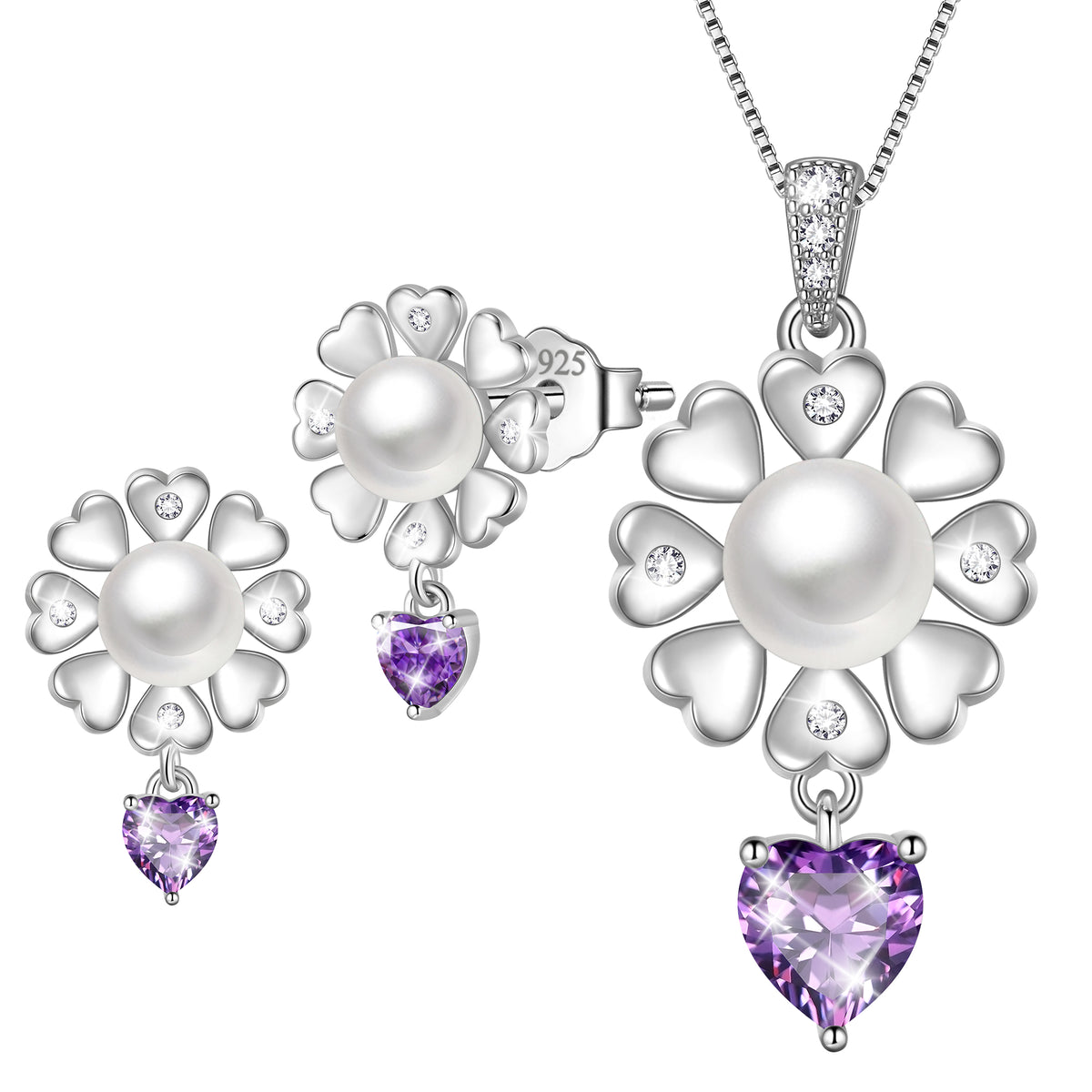 Fasjewly Flower Natural Pearl Jewelry Set,925 Sterling Silver Heart Birthstone Necklace and Stud Earrings Set Birthday Anniversary Christmas Jewelry Gifts for Women / Wife / Lovers