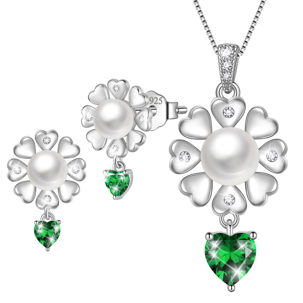 Fasjewly Flower Natural Pearl Jewelry Set,925 Sterling Silver Heart Birthstone Necklace and Stud Earrings Set Birthday Anniversary Christmas Jewelry Gifts for Women / Wife / Lovers