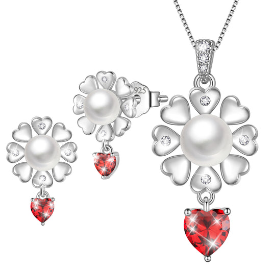 Fasjewly Flower Natural Pearl Jewelry Set,925 Sterling Silver Heart Birthstone Necklace and Stud Earrings Set Birthday Anniversary Christmas Jewelry Gifts for Women / Wife / Lovers
