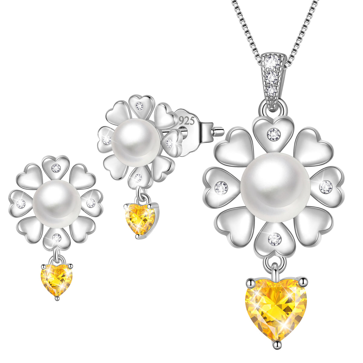 Fasjewly Flower Natural Pearl Jewelry Set,925 Sterling Silver Heart Birthstone Necklace and Stud Earrings Set Birthday Anniversary Christmas Jewelry Gifts for Women / Wife / Lovers