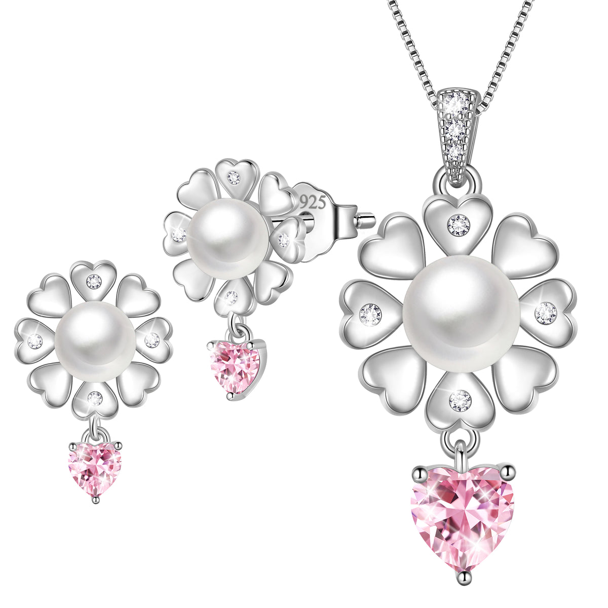 Fasjewly Flower Natural Pearl Jewelry Set,925 Sterling Silver Heart Birthstone Necklace and Stud Earrings Set Birthday Anniversary Christmas Jewelry Gifts for Women / Wife / Lovers