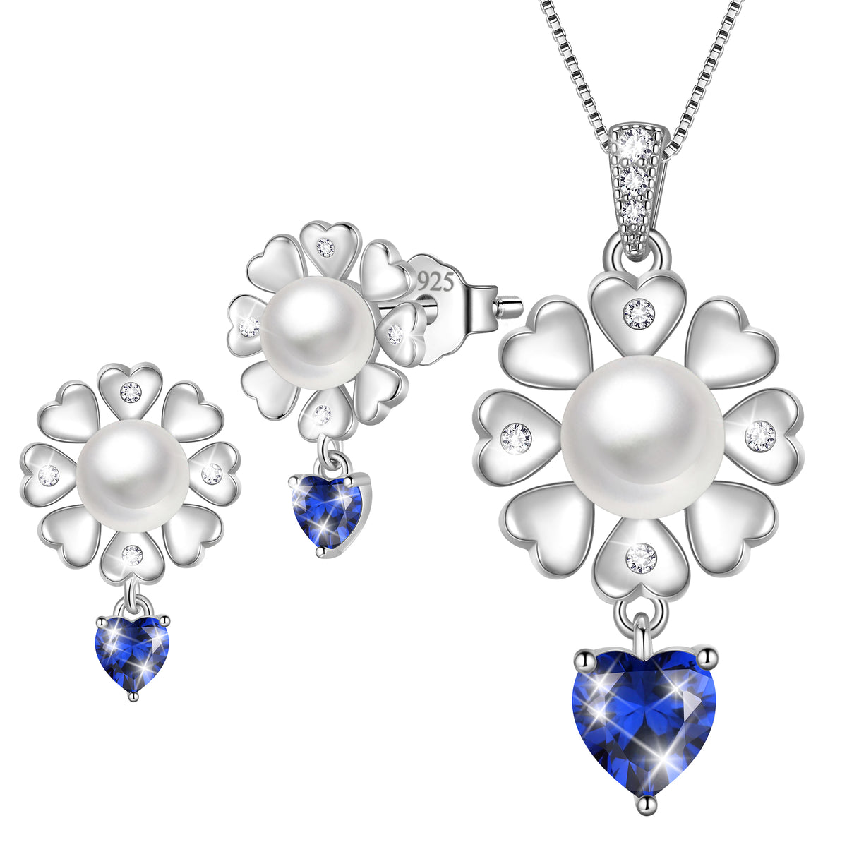 Fasjewly Flower Natural Pearl Jewelry Set,925 Sterling Silver Heart Birthstone Necklace and Stud Earrings Set Birthday Anniversary Christmas Jewelry Gifts for Women / Wife / Lovers